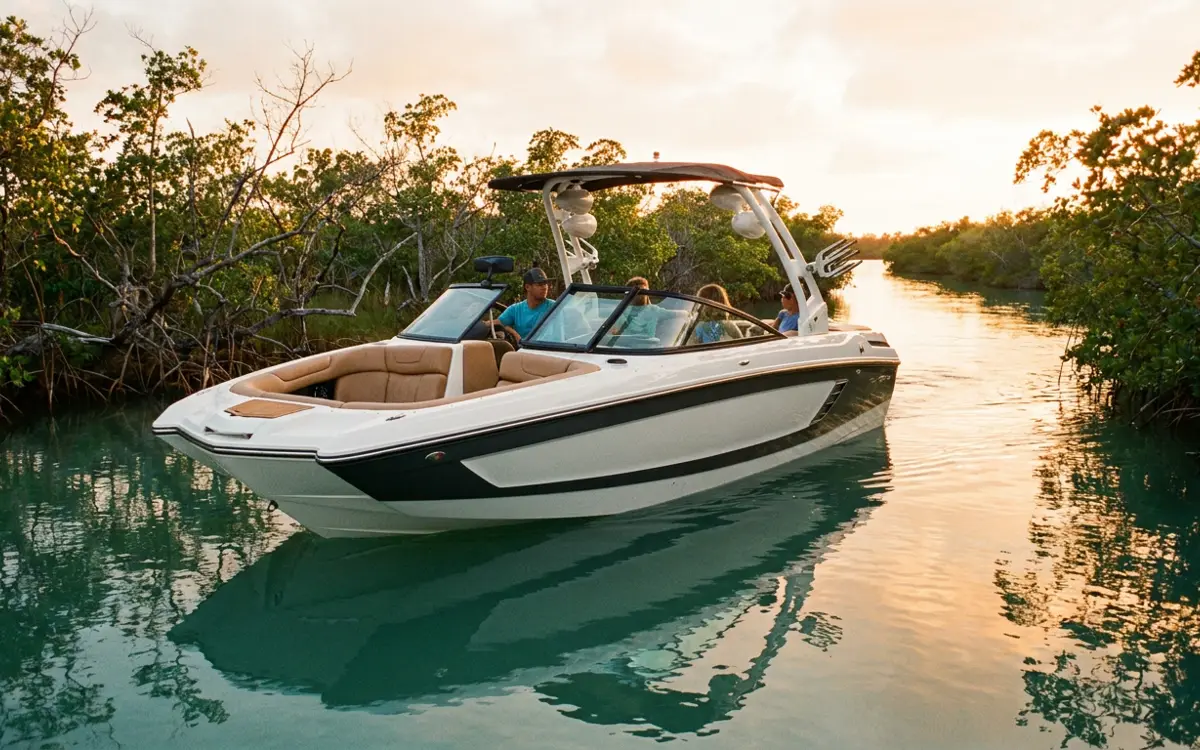 A new white 26-foot inboard wake surf boat with a wake tower cruising a mangrove-lined Naples channel at sunset