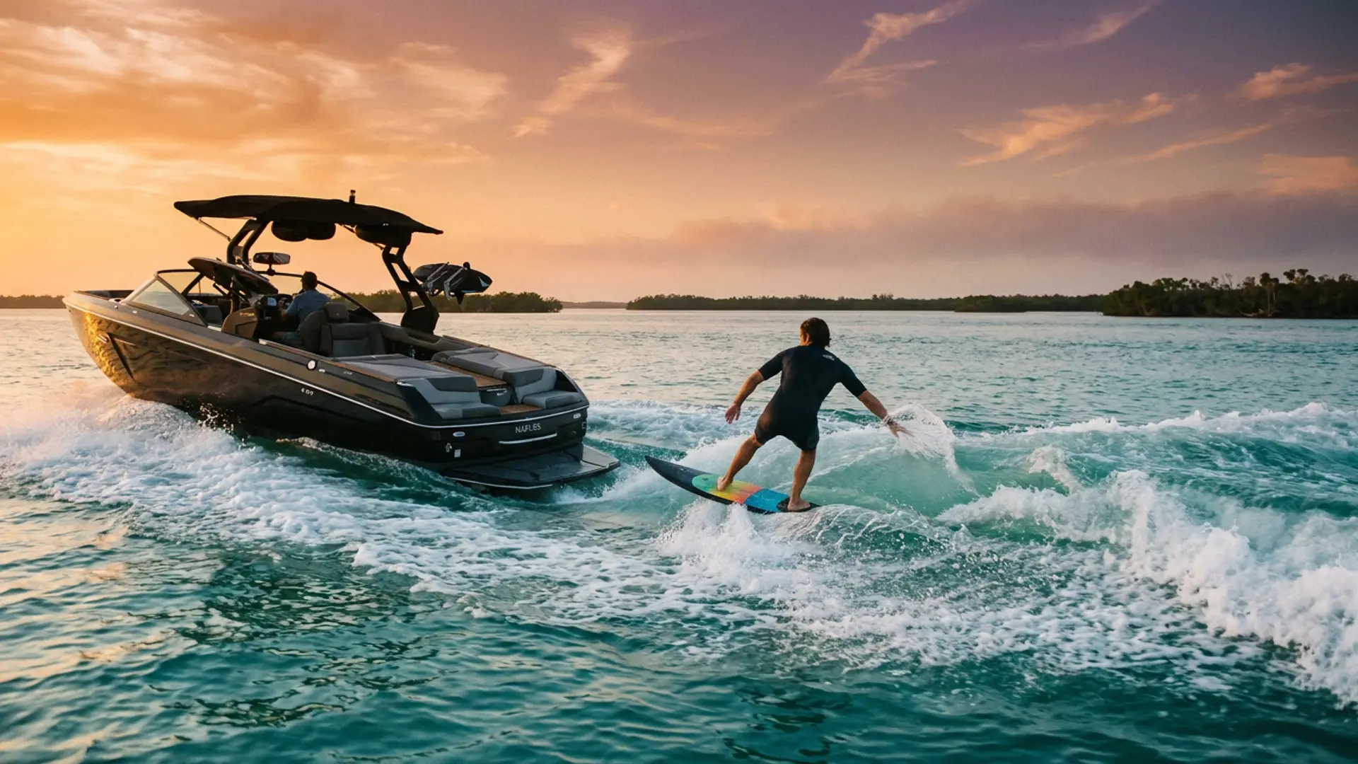 A wake surfer carving rope-free on the clean wave behind a wake surf boat on turquoise Gulf water near Naples, Florida at golden hour
