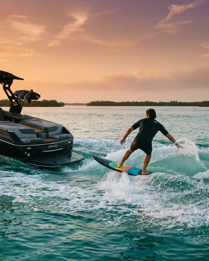 A wake surfer carving rope-free on the clean wave behind a wake surf boat on turquoise water near Naples, Florida