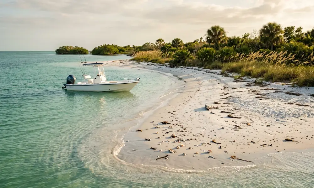 A boat anchored in clear shallow turquoise water off a secluded white-sand barrier island near Naples