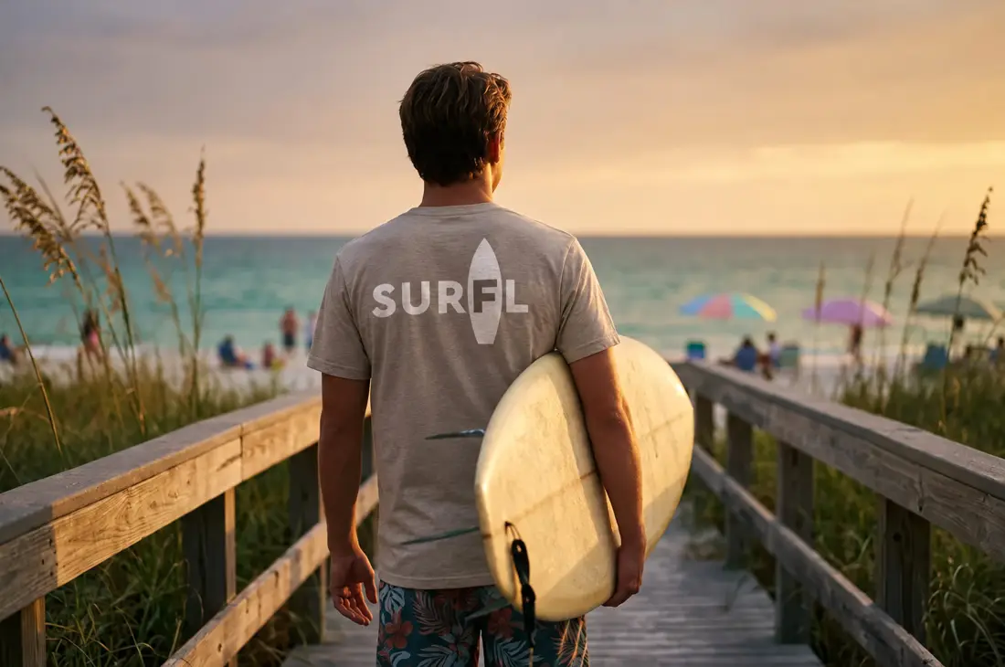 A surfer in a heather grey SURFL tee with the surfboard-through-the-F logo on the back, carrying a longboard down a Naples, Florida beach boardwalk at sunset