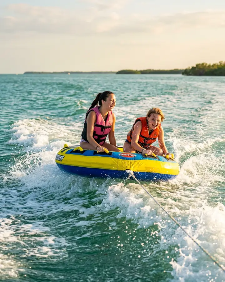 Two teenagers laughing while bouncing across the boat wake on a bright inflatable towable tube on turquoise Gulf water