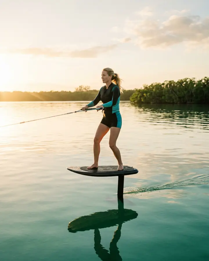 A rider wake foiling, floating above glassy jade water on a hydrofoil board with only the thin mast touching the surface
